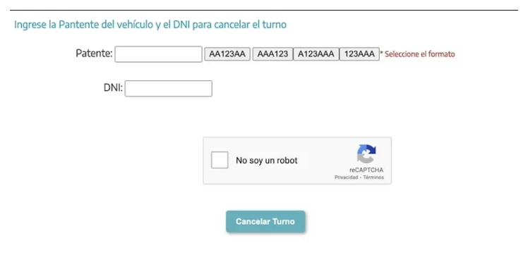 Pantalla para cancelar el turno de la VTV en Tigre con patente y DNI
