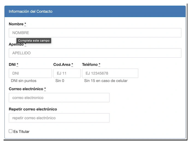 Paso 2 para sacar turno de la VTV en Tigre: información del contacto